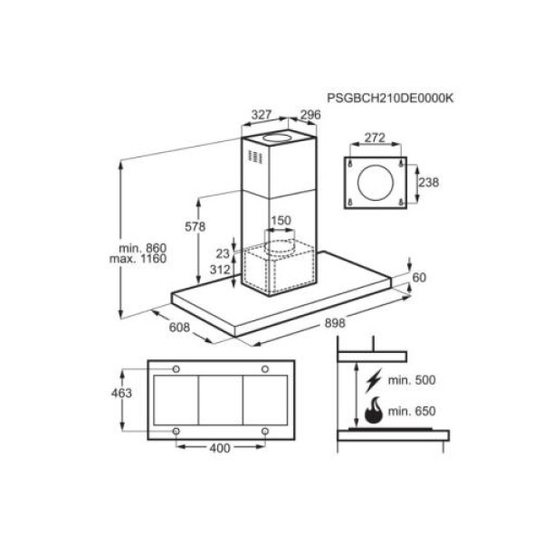 Õhupuhastaja electrolux, saare, 90 cm, hob2hood, silencetech, 740m3/h, 54 db, must/rv-teras
