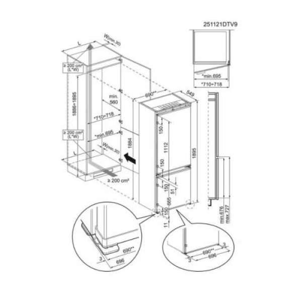 Külmik electrolux, integreeritav laius 70cm, 188 cm, 286/89, nofrost, 35 db, valge