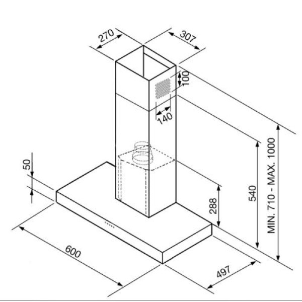 Õhupuhastaja smeg, seina, 60 cm, 777 m3/h, 63 db, rv teras/must