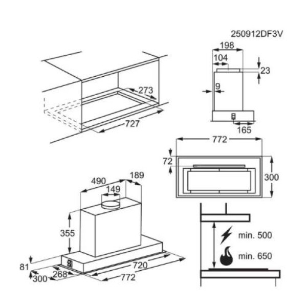 Õhupuhastaja electrolux, integreeritav, 77 cm, autosense, hob2hood, 650 m3/h, 57 db, matt must