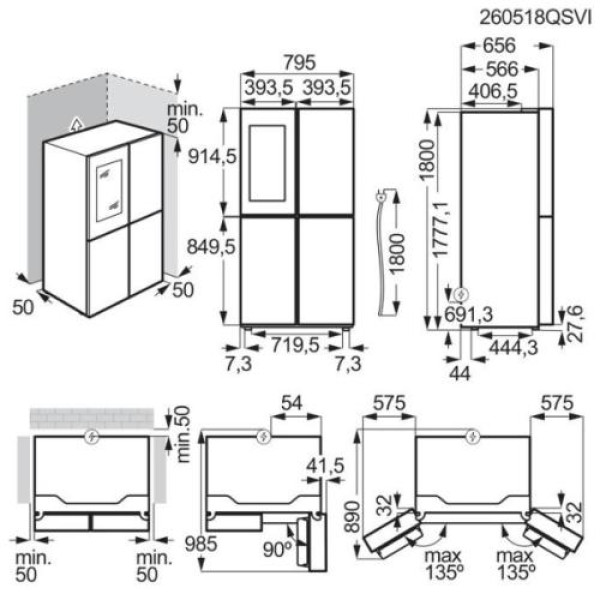 Külmik electrolux, side-by-side, 180 cm, 269/153 l, 38 db, puutetundlik, nofrost, must