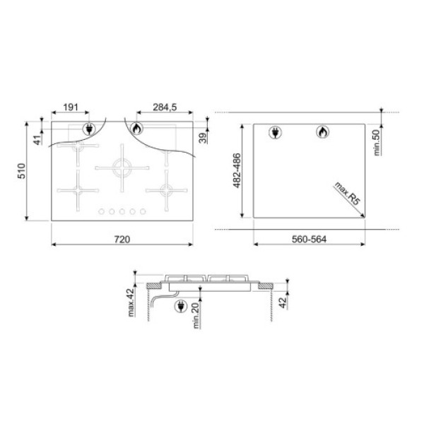 Pliidiplaat smeg linea, 5 x gaas, 72 cm, must, faasitud serv Kodumasinad