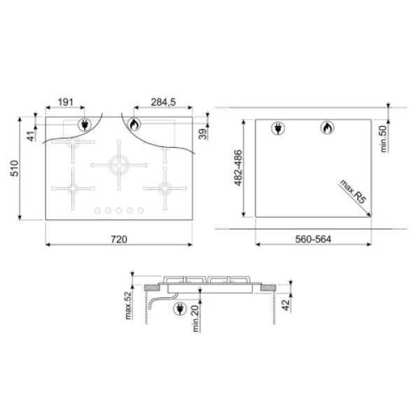 Pliidiplaat smeg selezione, 5 x gaas, 72 cm, must Kodumasinad