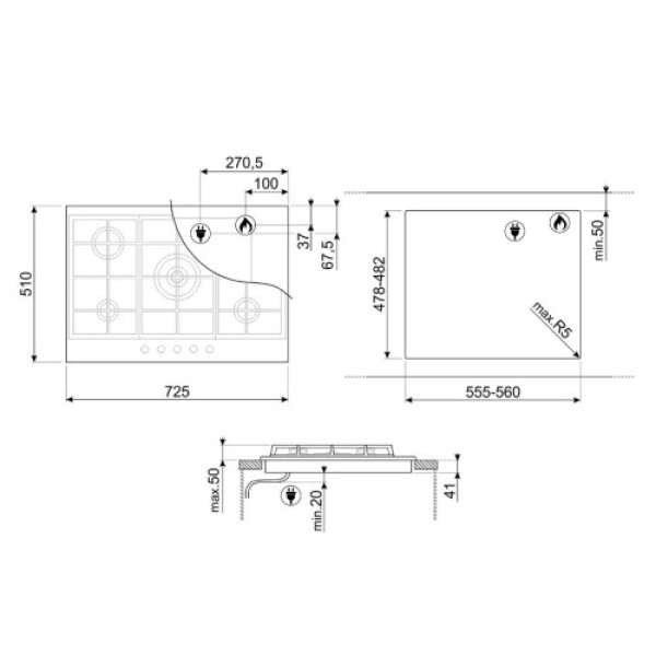 Pliidiplaat smeg classic, 5 x gaas, 72,5 cm, matt must Kodumasinad