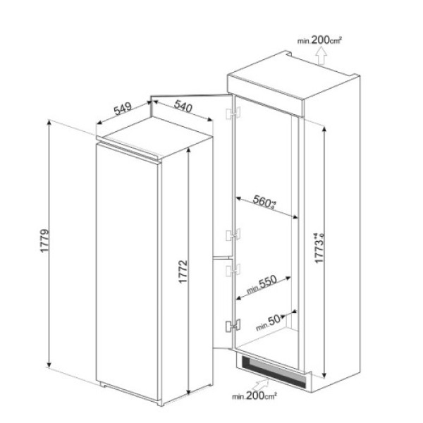 Külmik smeg, integreeritav, 178 cm, 260/22 l, 32 db, elektrooniline juhtimine