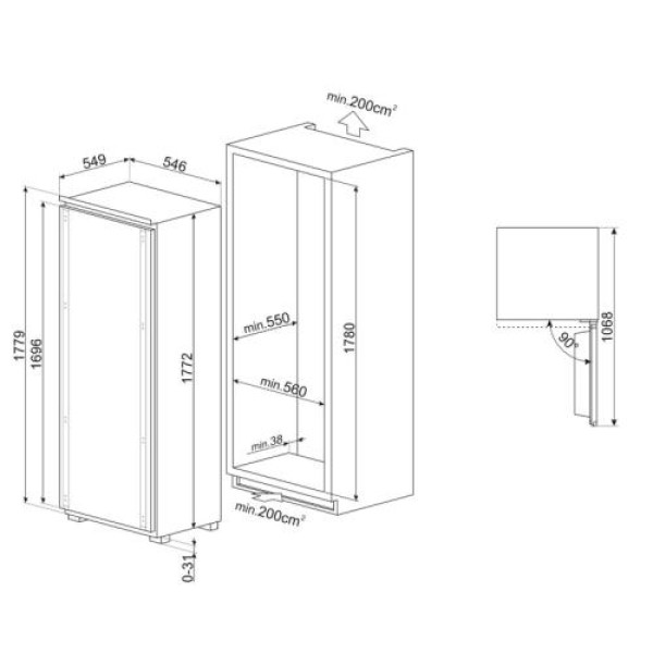 Jahekapp smeg, integreeritav, 177 cm, 310 l, 32 db, puutetundlik