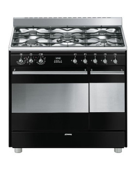 Gaasipliit smeg classic, 5 x gaas, 2 x elektriahi, aurupuhastus, 90 cm, must