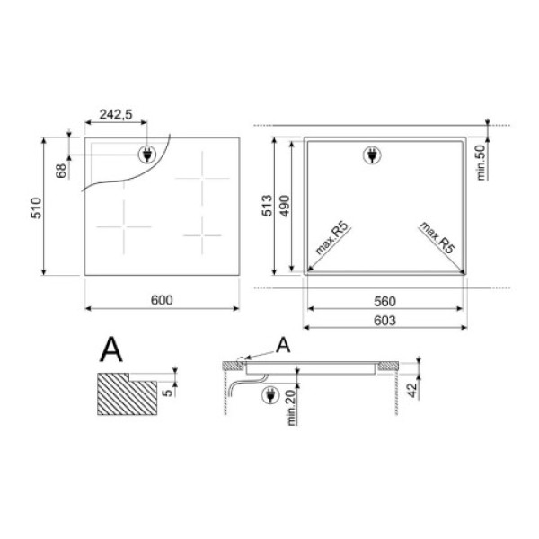 Pliidiplaat smeg, 3 x hilight, 60 cm, must, lõigatud serv Kodumasinad