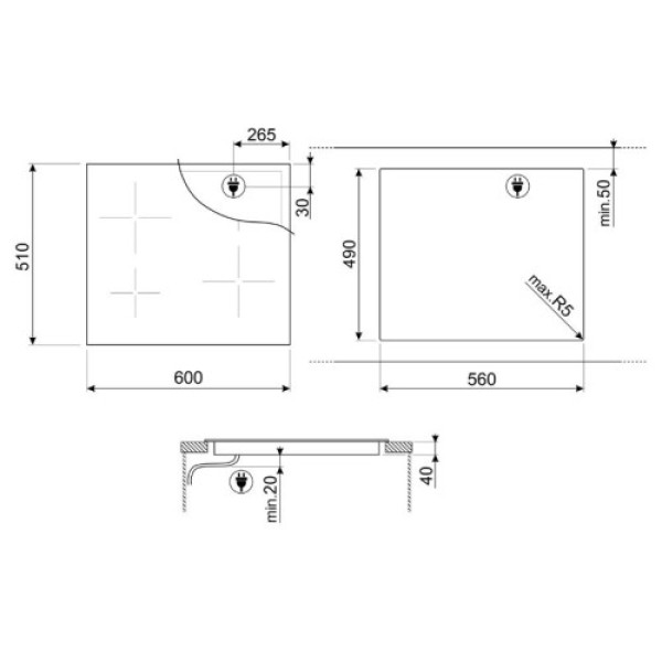 Pliidiplaat smeg, 4 x hilight, 60 cm, must, faasitud serv Kodumasinad