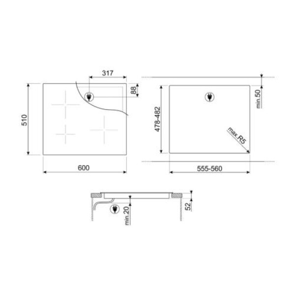 Pliidiplaat smeg, 3 x induktsioon, 60 cm, must, lõigatud serv