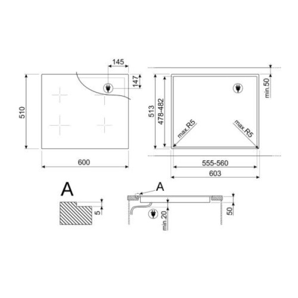 Pliidiplaat smeg, 4 x induktsioon, 60 cm, lõigatud, must
