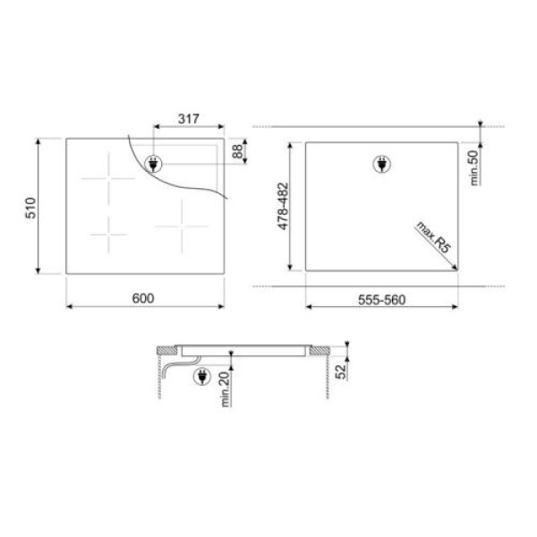 Pliidiplaat smeg, 3 x induktsioon, 60 cm, must, lõigatud serv