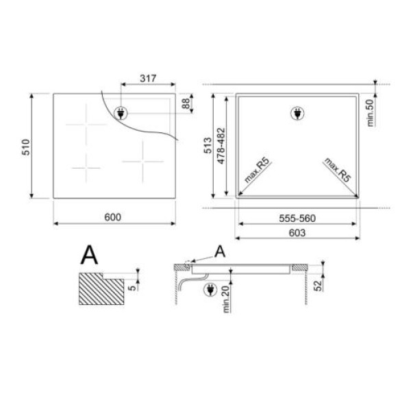 Pliidiplaat smeg, 3 x induktsioon, 60 cm, must, lõigatud serv