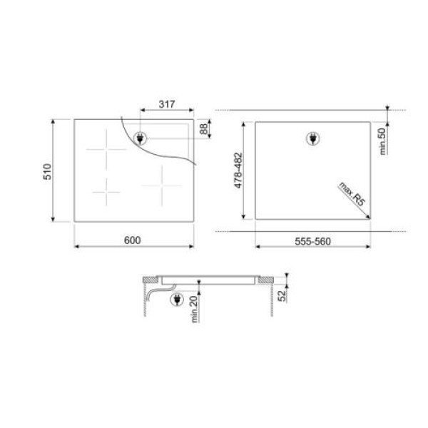 Pliidiplaat smeg, 4 x induktsioon, 60 cm, lõigatud serv, must