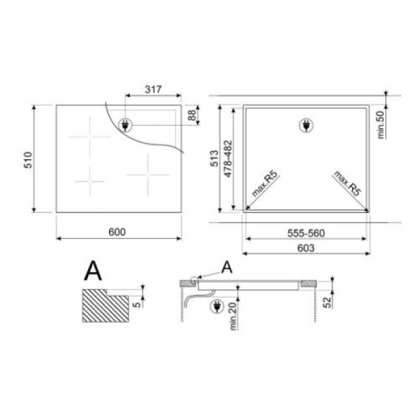 Pliidiplaat smeg, 4 x induktsioon, 60 cm, lõigatud serv, must