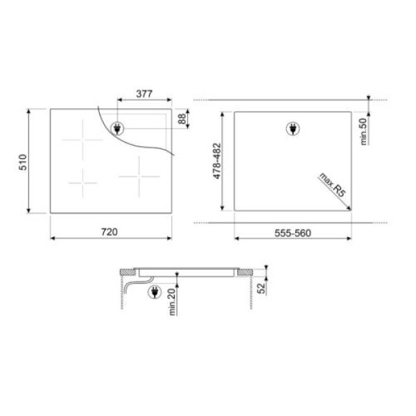 Pliidiplaat smeg, 3 x induktsioon, 72 cm, must, lõigatud serv Pliidiplaat smeg, 3 x induktsioon, 72 cm, must, lõigatud serv