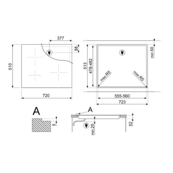Pliidiplaat smeg, 3 x induktsioon, 72 cm, must, lõigatud serv Pliidiplaat smeg, 3 x induktsioon, 72 cm, must, lõigatud serv
