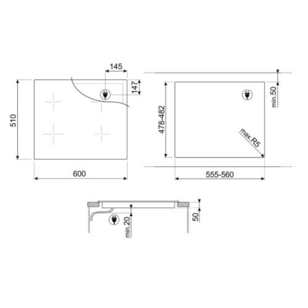 Pliidiplaat smeg musa, 4 x induktsioon, 60 cm, lõigatud serv, must