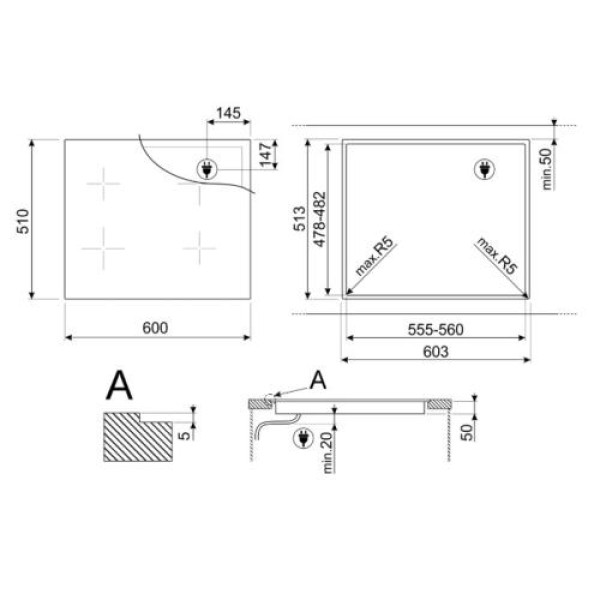 Pliidiplaat smeg musa, 4 x induktsioon, 60 cm, lõigatud serv, must