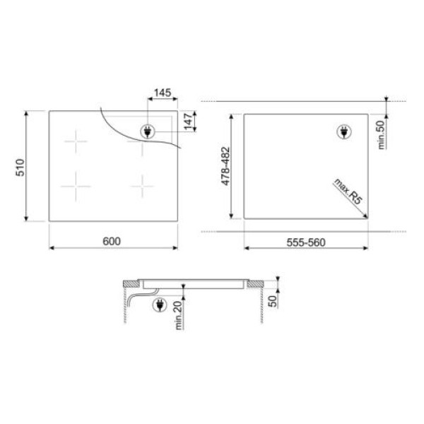 Pliidiplaat smeg, 4 x induktsioon, multitsoon, 60 cm, must