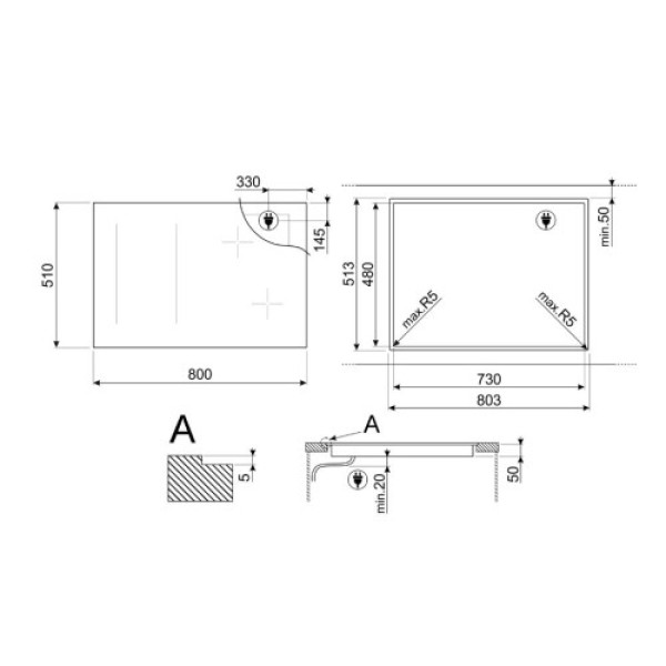 Pliidiplaat smeg linea, 4 x induktsioon, flexi-tsoon, 80 cm, lõigatud, neptuun hall Kodumasinad