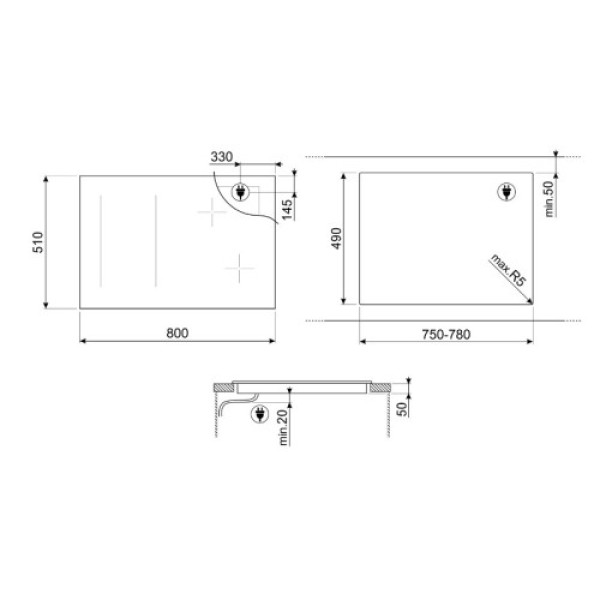 Pliidiplaat smeg, 6 x induktsioon, 80 cm, must, lõigatud servaga Kodumasinad