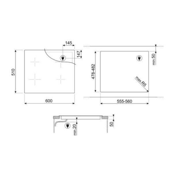 Pliidiplaat smeg, 4 x induktsioon, multitsoon, 60 cm, must, lõigatud servaga