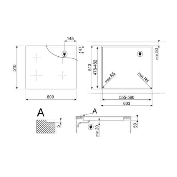 Pliidiplaat smeg, 4 x induktsioon, multitsoon, 60 cm, must, lõigatud servaga