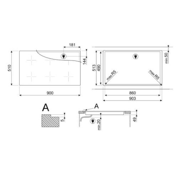 Pliidiplaat smeg classic, 6 x induktsioon, flexi-tsoon, 90 cm, lõigatud, matt valge