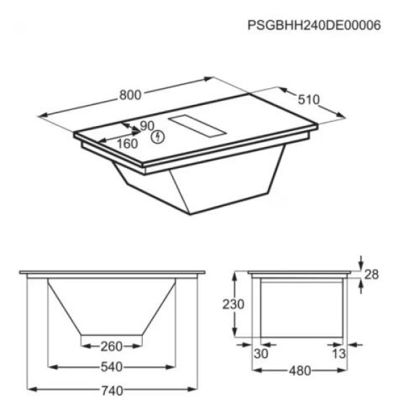 Õhupuhastiga pliidiplaat aeg, 4 x induktsioon, 80 cm, 630 m3/h, 71 db, lõigatud servad, must