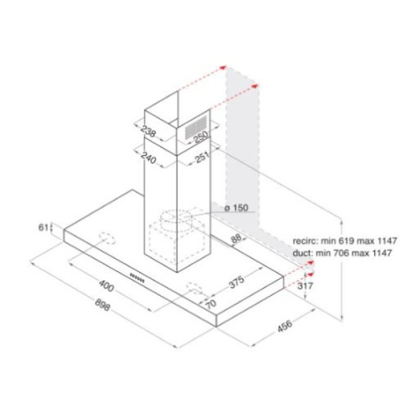 Pliidiõhupuhastaja whirlpool, 90 cm, 730 m3/h, roostevaba teras Kodumasinad