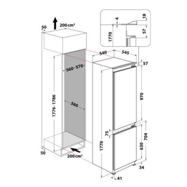Külmik whirlpool, integreeritav, 177 cm, 189/79 l, 34 db, elektrooniline juhtimine, stopfrost, valge