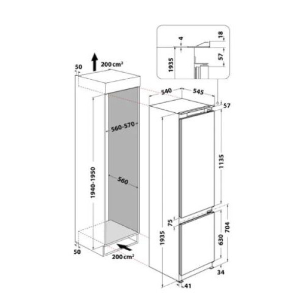 Külmik whirlpool, integreeritav, 194 cm, 221/79 l, 34db, elektrooniline juhtimine, stopfrost, valge