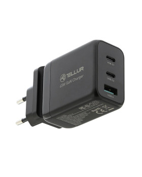 Tellur GaN 65W 3-port wall charger, 2xUSB-C + USB-A, EU,UK,US, black