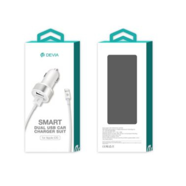 Devia Smart Series Dual USB Car Charger Suit with Lightning Cable (MFi)(2.4A,2USB) white Laadijad