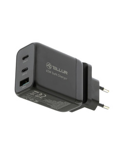 Tellur GaN 65W 3-port wall charger, 2xUSB-C + USB-A, EU,UK,US, black-foto2