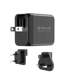 Tellur GaN 65W 3-port wall charger, 2xUSB-C + USB-A, EU,UK,US, black-foto3