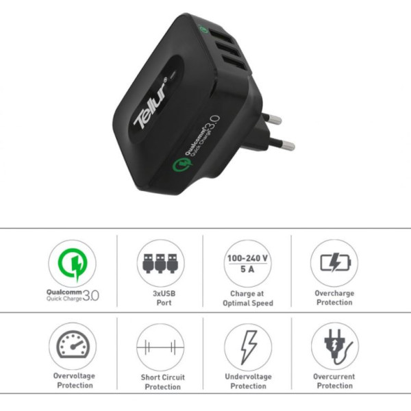 Tellur AC charger QC 3.0, 3*USB ports (1 port QC 3.0 & 2 USB port 2.4A) black Laadijad