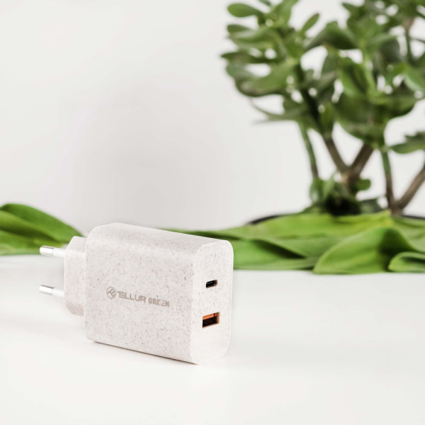 Tellur Green 38W dual port charger Type-C PD20W + USB QC3.0, cream Laadijad