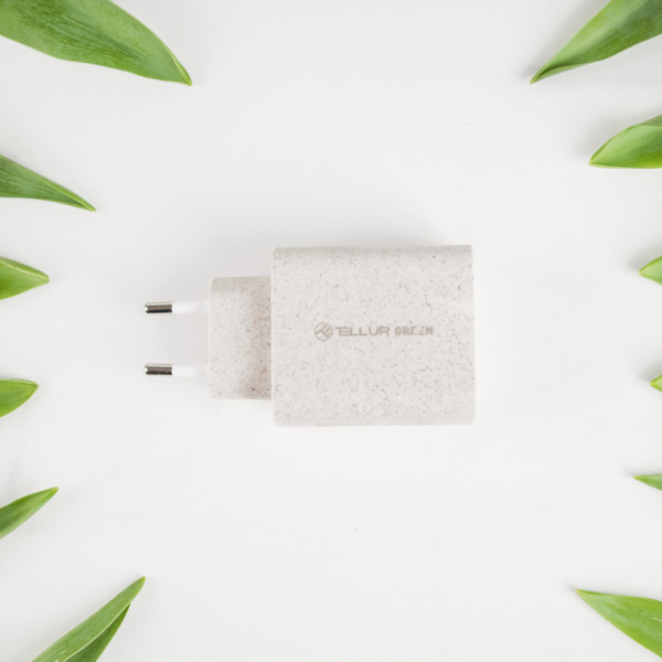 Tellur Green 38W dual port charger Type-C PD20W + USB QC3.0, cream Laadijad