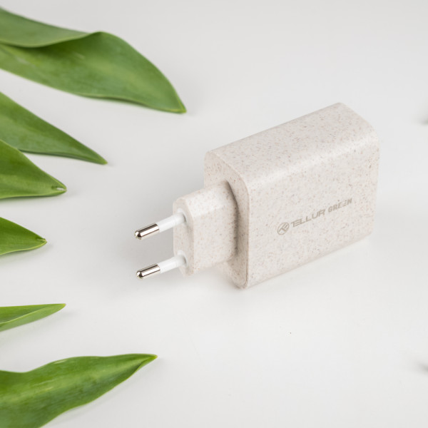 Tellur Green 38W dual port charger Type-C PD20W + USB QC3.0, cream Laadijad